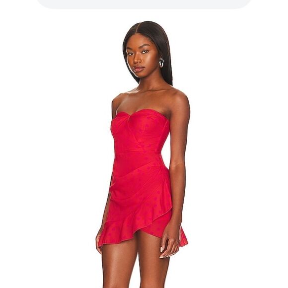 NWT More To Come Marcine Strapless Dress Red mini ruffle heart print Revolve S - Picture 3 of 10